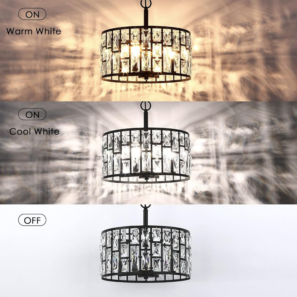 MEXO Farmhouse Crystal Convertible Chandelier and Semi Flush Mount Lighting Black Cylinder Drum Shade Pendant for Kitchen Island Dining Room Bedroom Hallway