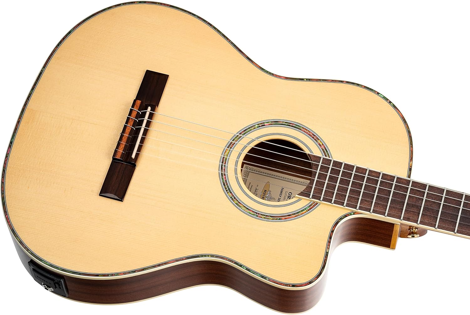 Ortega Guitars 6 String Family Series Pro Solid Top Thinline Acoustic-Electric Nylon Classical Guitar w/Bag, Right, Full (RCE145NT)