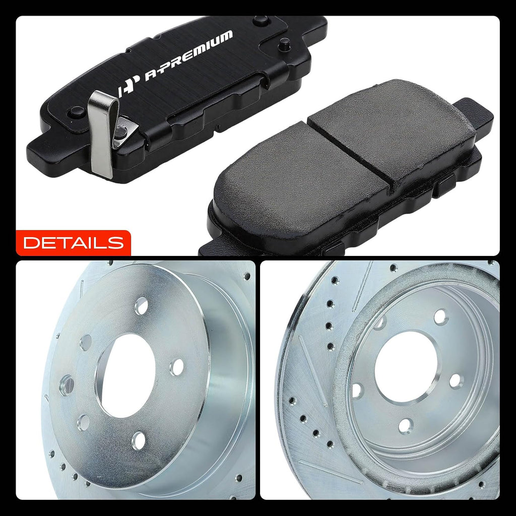A-Premium 12.13 inch (308mm) Rear Drilled and Slotted Disc Brake Rotors + Ceramic Pads Kit Compatible with Nissan & Infiniti Models - M35/M45, Q40, Maxima, EX35, EX37, G25, G35, G37, QX50, 350Z, 370Z