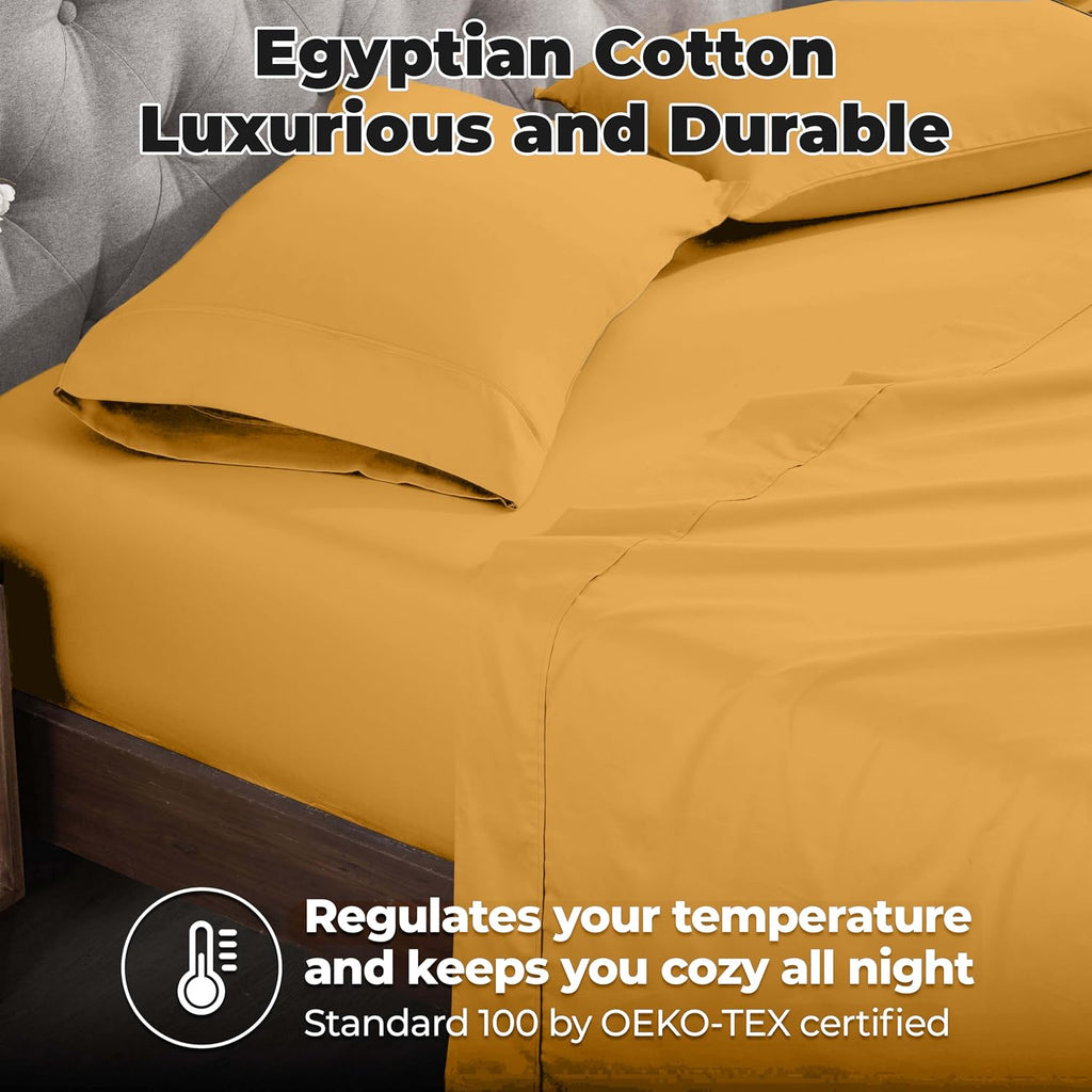 Superior Egyptian Cotton 400 Thread Count Bed Sheet Set, 1 Elastic Deep Pocket Fitted Sheet, 1 Flat Sheet, 2 Pillowcases, Soft Bedding, Luxury Sheets, Sateen Weave, Full Size, Gold