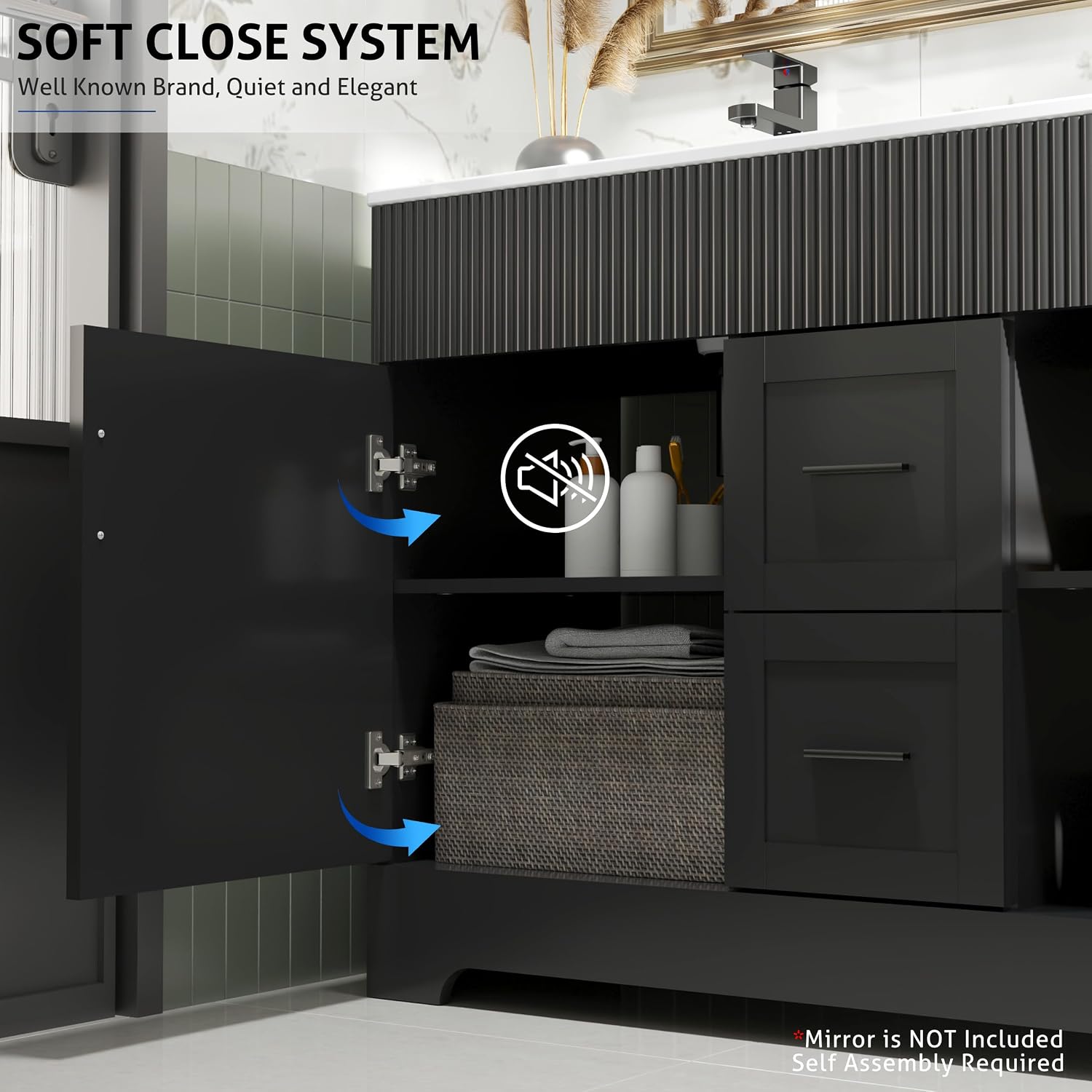 eclife 48' Bathroom Vanities Sink Combo with Painted Surface, Modern Drawered Cabinet W/Decorative Wave Lines, Undermount Double White Sink, Matte Black Faucet Drain, Black