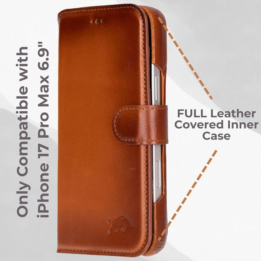 VENOULT Leather Wallet Case for iPhone 17 Pro Max, Full Grain Genuine Leather, Magnetic Detachable, 4 Card Holder, Buesiness Style, Compatible with MagSafe, RFID, Handmade (Chestnut Brown)