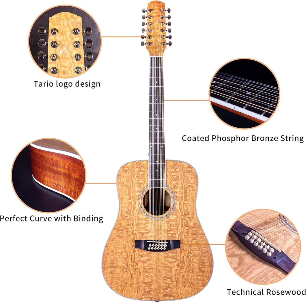 TARIO Left-handed 12 Strings Acoustic Guitar Curly Ash Top Mahogany back & sides Okoume Neck