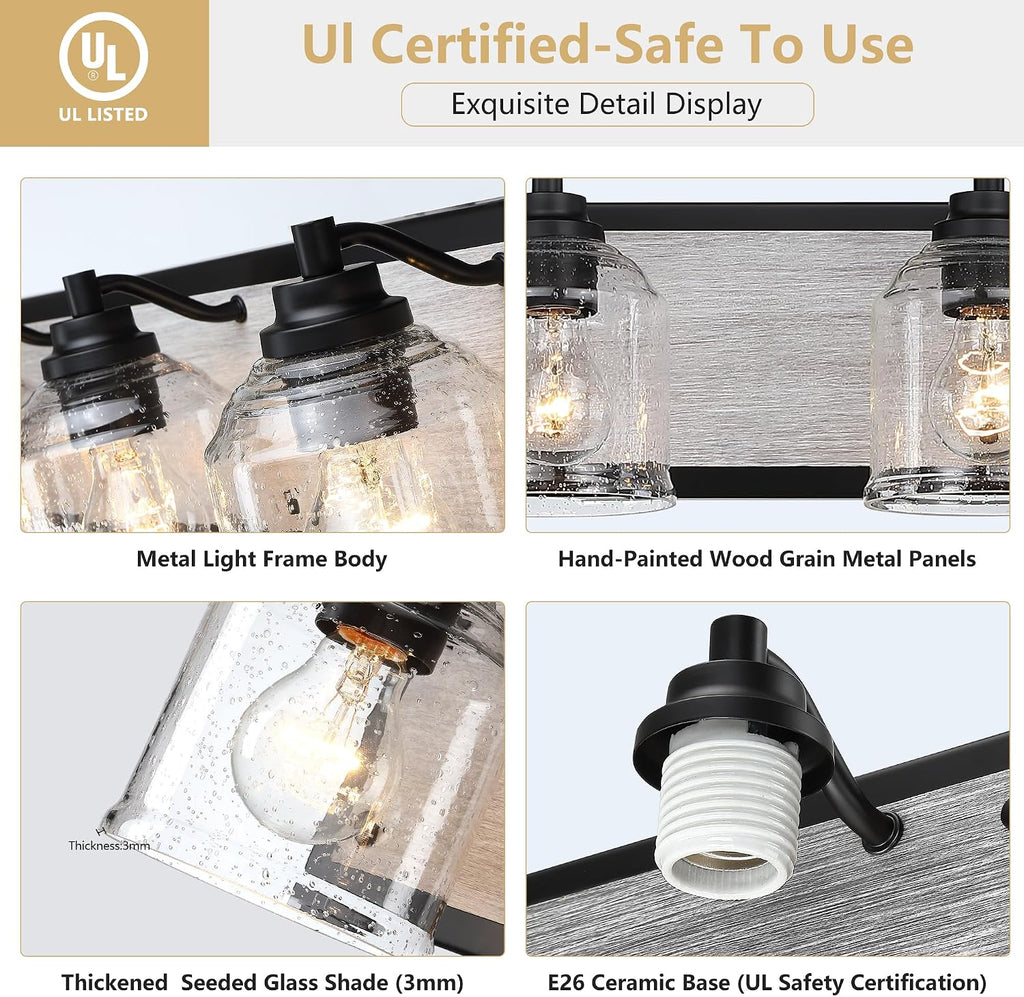 3-Light Bathroom Vanity Light Large 23', Vanity Lights for Bathroom, Farmhouse Rustic Gray Bathroom Light Fixtures Over Mirror with Bubble Glass Shades, Hand-Painted Wood-Look Metal Backplate