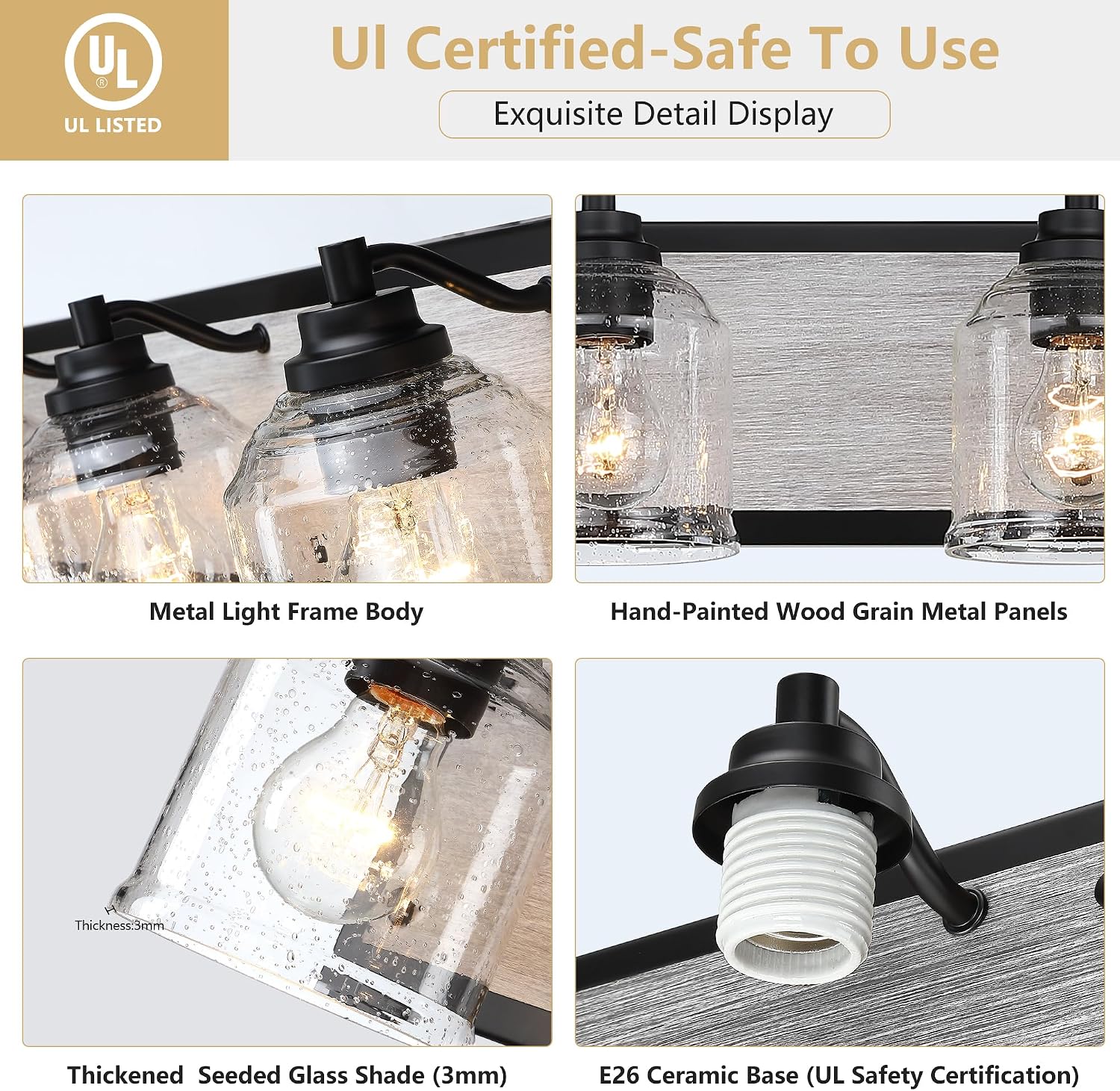 31.5 in. Large 4-Light Vanity Lights for Bathroom, Farmhouse Rustic Bathroom Lighting Fixtures Over Mirror with Bubble Glass Shades, Gray Wood-Look Metal Bath Wall Sconce Home Decor