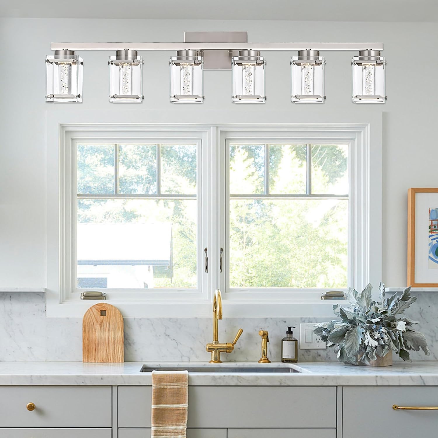 6-Light Vanity Lighting Fixture, Classic Bathroom Light Fixtures in Brushed Nickel Finish Industrial Wall Sconces Lamp with Clear Glass Shade and Bubble Bulb for Mirror