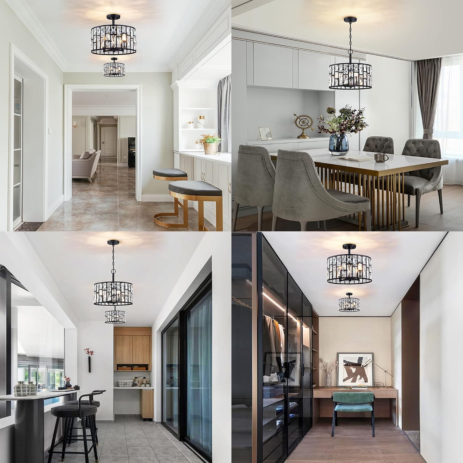 MEXO Farmhouse Crystal Convertible Chandelier and Semi Flush Mount Lighting Black Cylinder Drum Shade Pendant for Kitchen Island Dining Room Bedroom Hallway