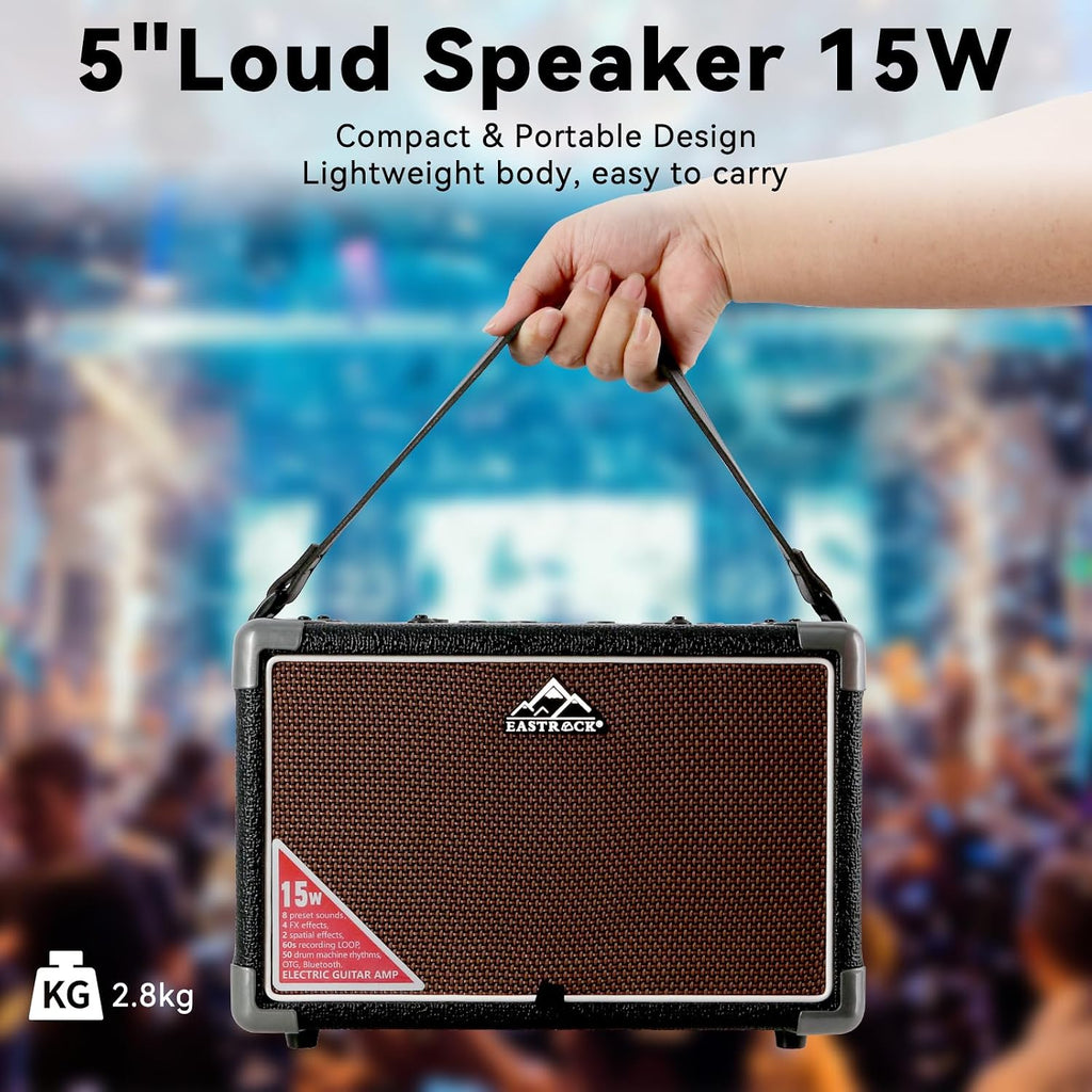 EASTROCK 15W Electric Guitar Amp, EGA-15W Portable Guitar Amplifier with Bluetooth, Built-in Looper & Drum Machine Speaker, AUX/OTG/Headphone, 8 Voices, FX Effects-Black
