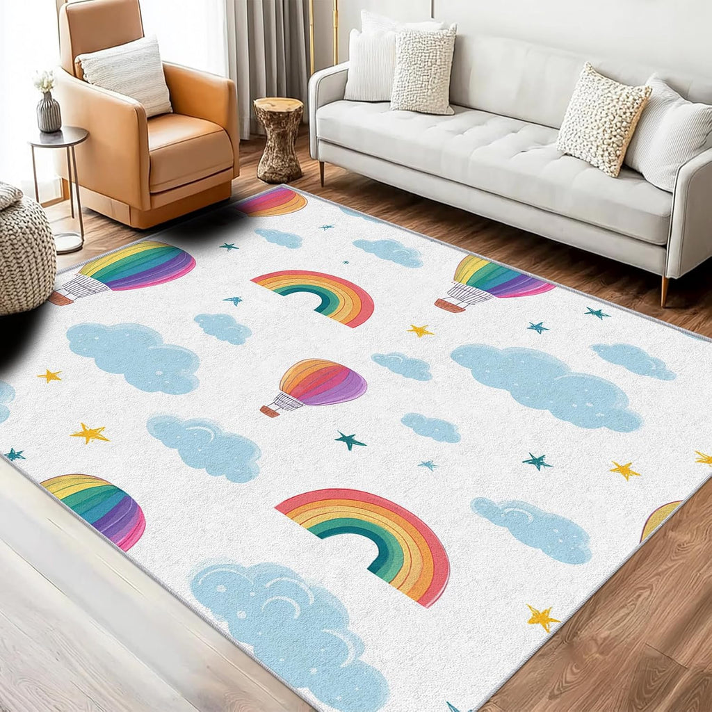Hot Air Balloon Rug 8x12 for Bedroom, Rainbow Patterned Living Room Area Rug, Hot Air Balloon Kids Boys Girls Room Decor, Washable Soft Thin Carpet with Non Slip Backing, 8 x 12 ft - Lu11652