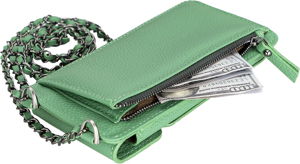 Crossbody Women Wallet fits iPhone 16 Pro MAX / 17 Pro MAX and All Mobile Devices up to 6.9' - Zippered Women Purse, Shoulder Bag with Card Holder, Pocket & Chain Strap, Trendy (Pistachio)