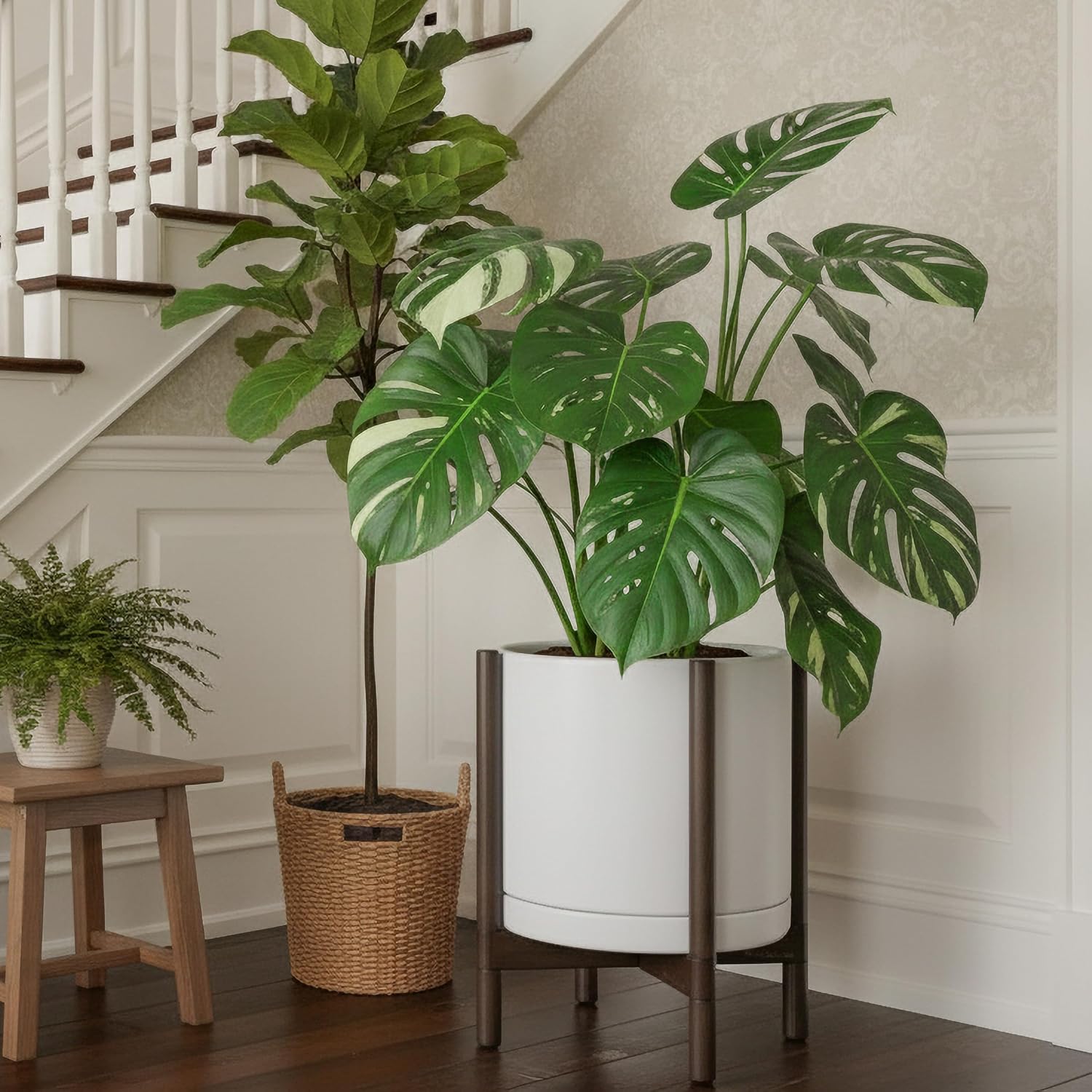 D'vine Dev Ceramic Planter with Walnut Color Stand - 14 Inch Modern Round Flower Pot with Wood Planter Holder, White, 55-B-T-1