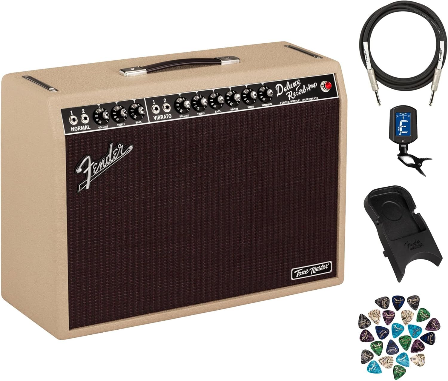 Fender Tone Master Deluxe Reverb 1x12-Inch Guitar Combo Amplifier - Blonde Bundle with Instrument Cable, Amperstand Guitar Cradle, Tuner, and 24-Pack Picks