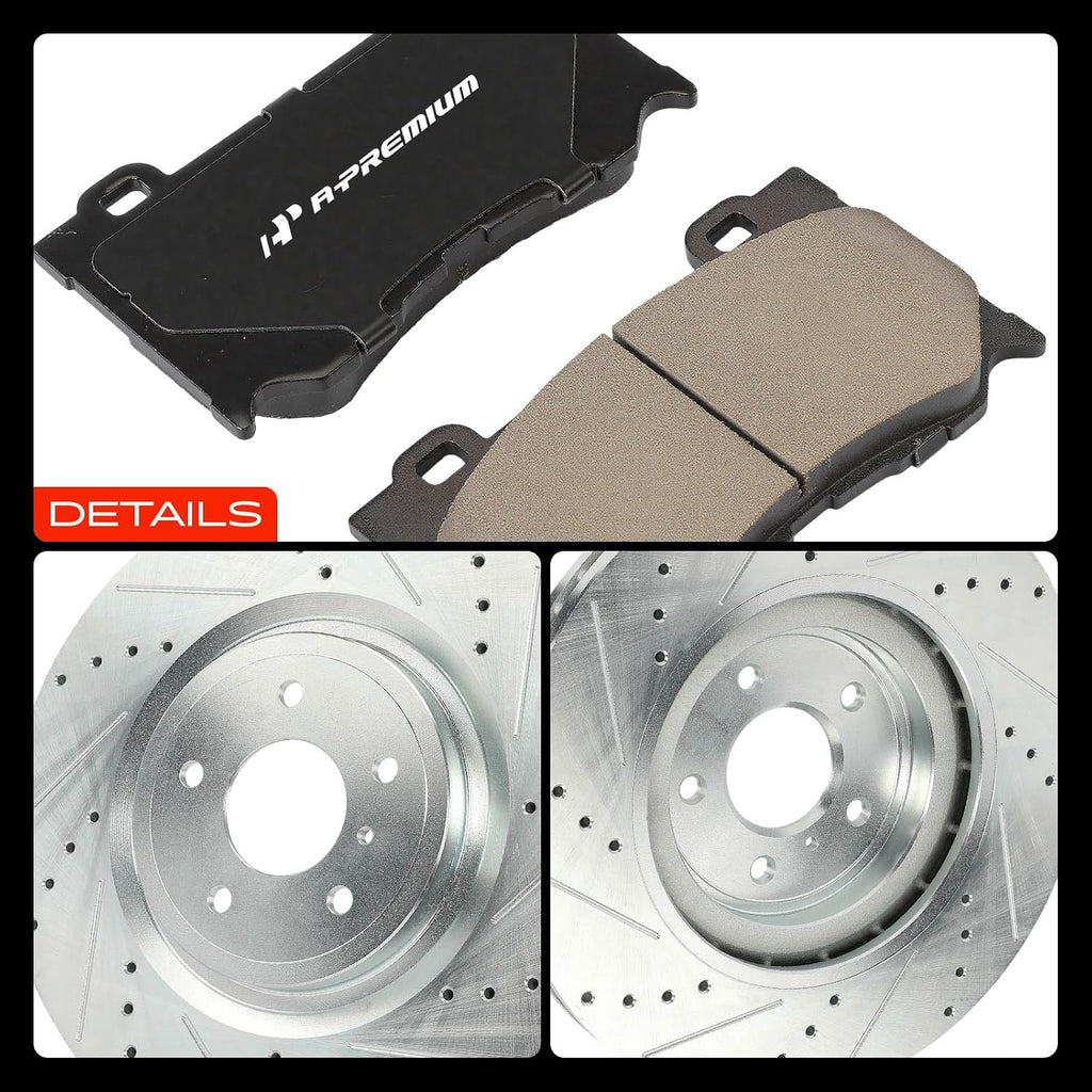 A-Premium 13.96 inch (354.5mm) Front Drilled and Slotted Disc Brake Rotors + Ceramic Pads Kit Compatible with Select Infiniti and Nissan Models - Q50, Q60, Q70, Q70L, QX70, M56, M37, FX50, G37, 370Z