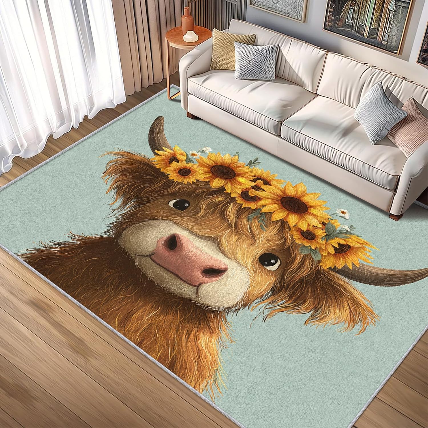 Highland Cow Rug 8x12 for Bedroom, Cute Cattle Patterned Living Room Area Rug, Highland Cow Kids Boys Girls Room Decor, Washable Soft Thin Carpet with Non Slip Backing, 8 x 12 ft - Lu11666
