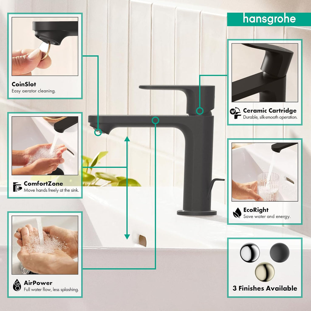 hansgrohe Rebris S Bathroom Faucet, 1 Hole, Single Handle, Bathroom Sink Faucet for Vanity with Pop-Up Drain Assembly, 1.2 GPM, Matte Black, 72517671