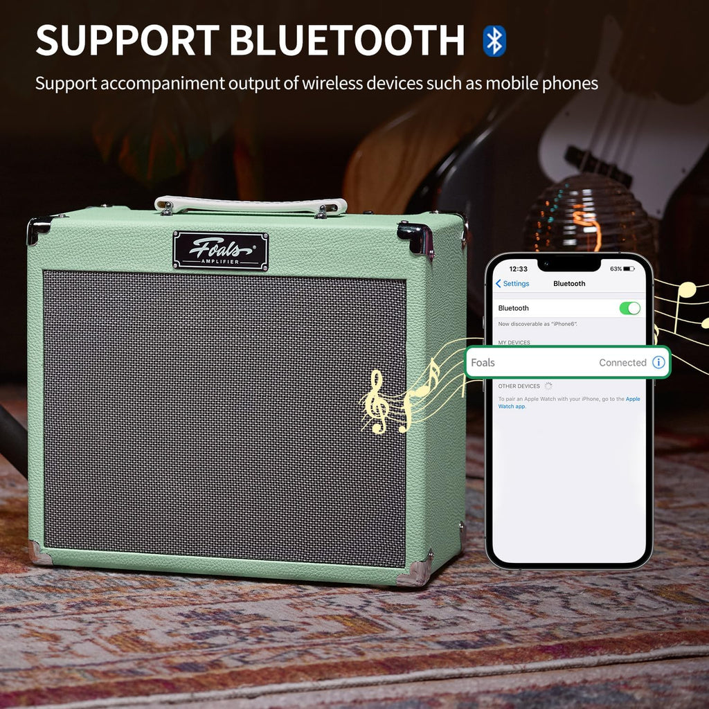 FOALS Electric Guitar Amp 20W (30W Peak), Dual-Channel Clean/Drive Combo Amplifier with Bluetooth, 8-Inch Speaker, 3 Band EQ, Headphone Output & AUX Input for Home Practice(Green)