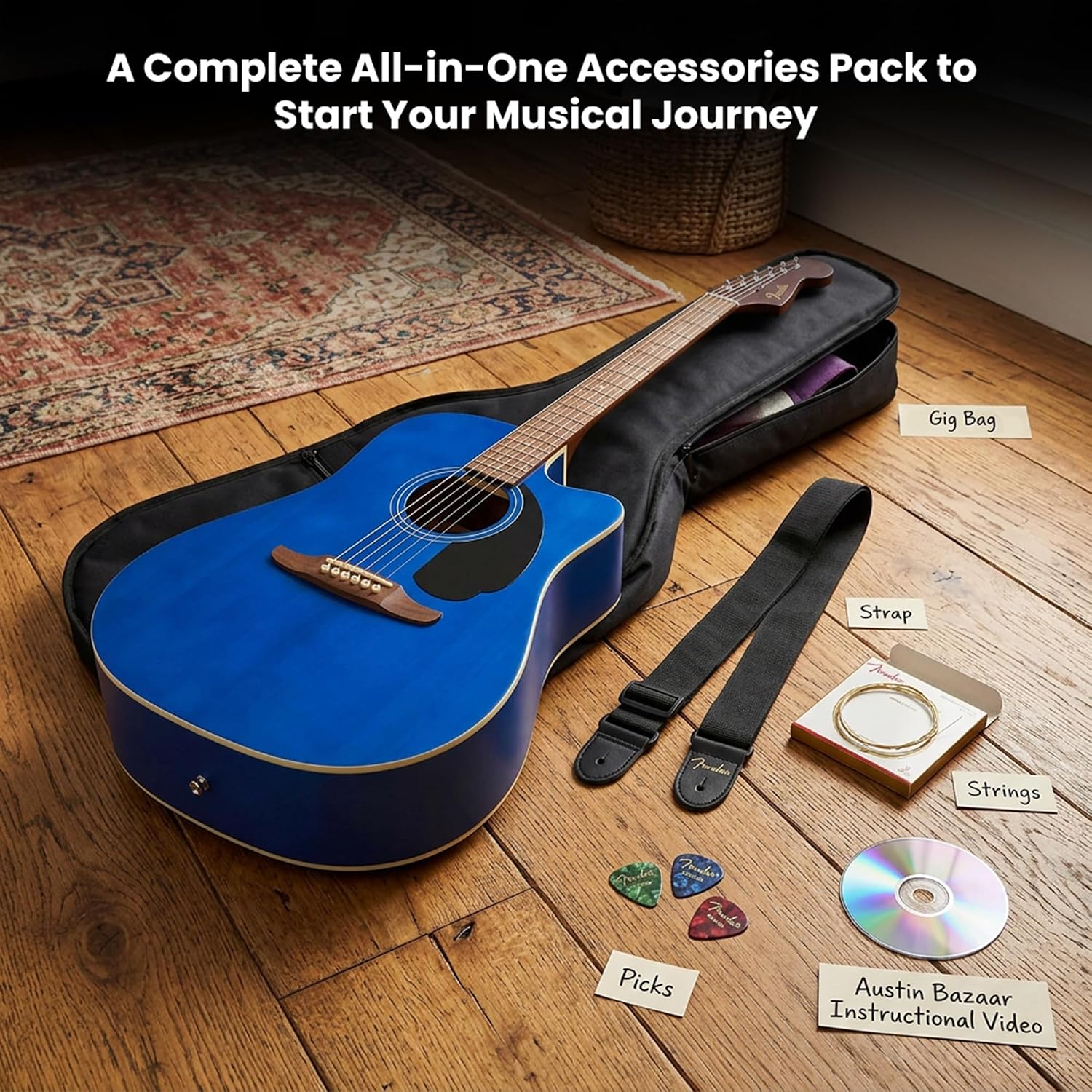 Fender California Redondo CE Acoustic-Electric Guitar - Saphire Blue Bundle with Gig Bag, Strap, Strings, Picks, and Austin Bazaar Instructional Video