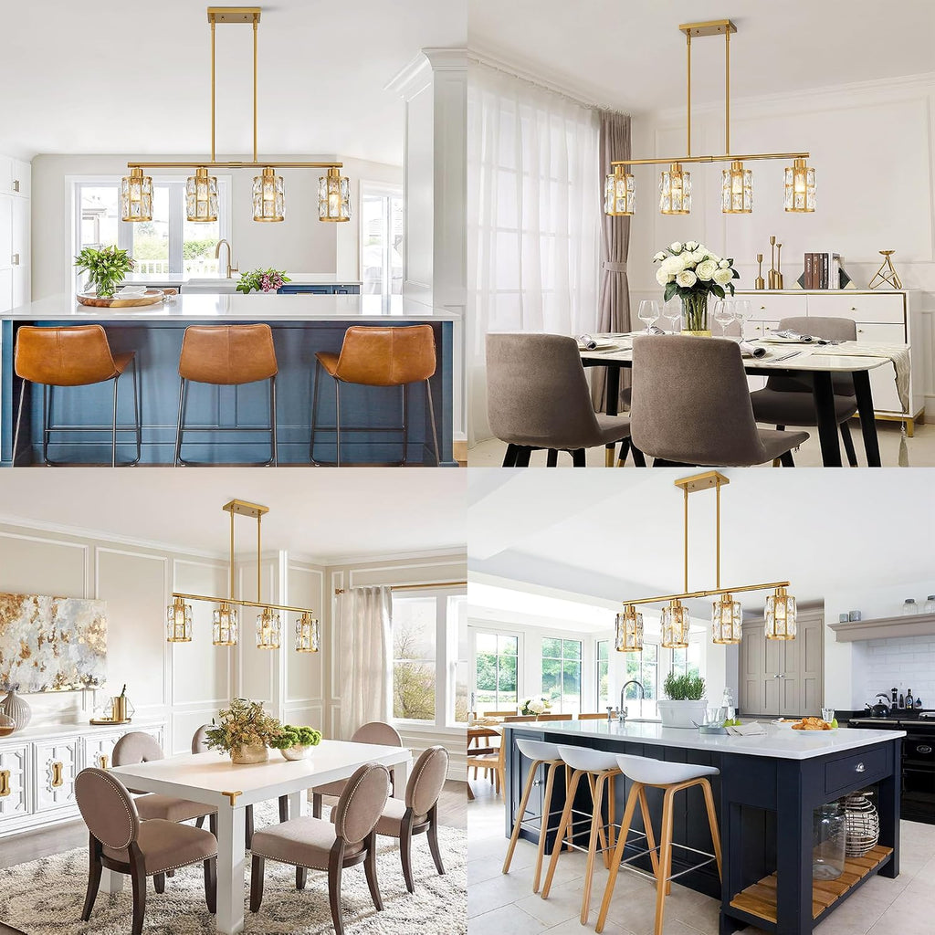 MEXO Gold Crystal Pendant Light Fixture for Kitchen Island Dining Room, Farmhouse Chandelier Gold Close to Ceiling Lightings Over Table