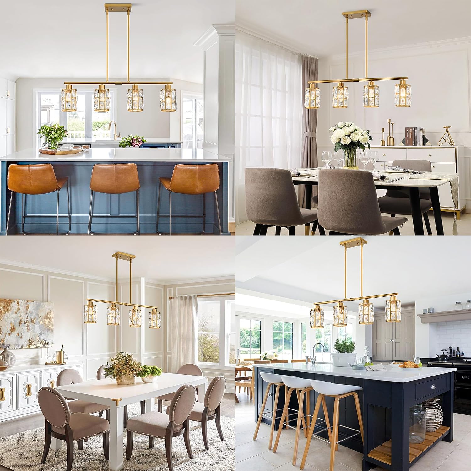 MEXO Gold Crystal Pendant Light Fixture for Kitchen Island Dining Room, Farmhouse Chandelier Gold Close to Ceiling Lightings Over Table