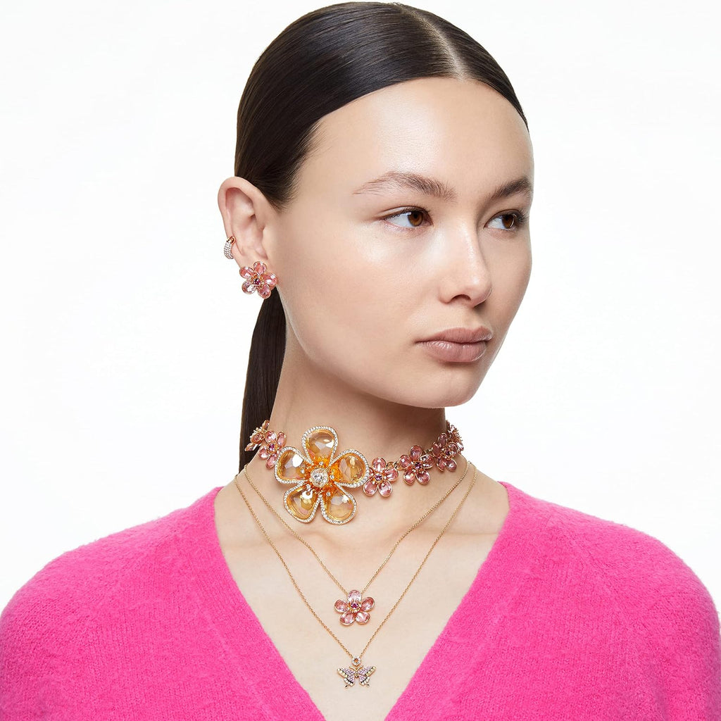 Swarovski Florere Necklace and Earrings Collection, Pink Crystals, Yellow Crystals, Gold Tone Metal Finish