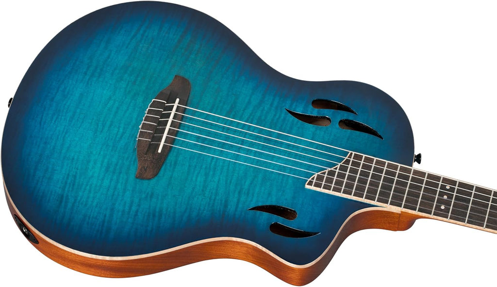 Ortega TourPlayer Deluxe Thinline Crossover Nylon-String Electric Guitar w/Pro gig bag, Flamed Maple Gloss Blue (RTPDLX-FMA)