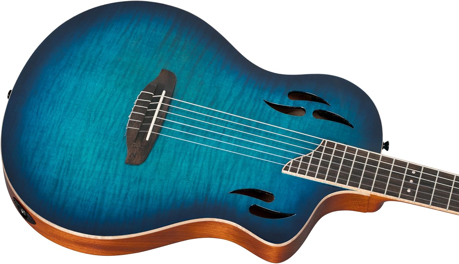 Ortega TourPlayer Deluxe Thinline Crossover Nylon-String Electric Guitar w/Pro gig bag, Flamed Maple Gloss Blue (RTPDLX-FMA)