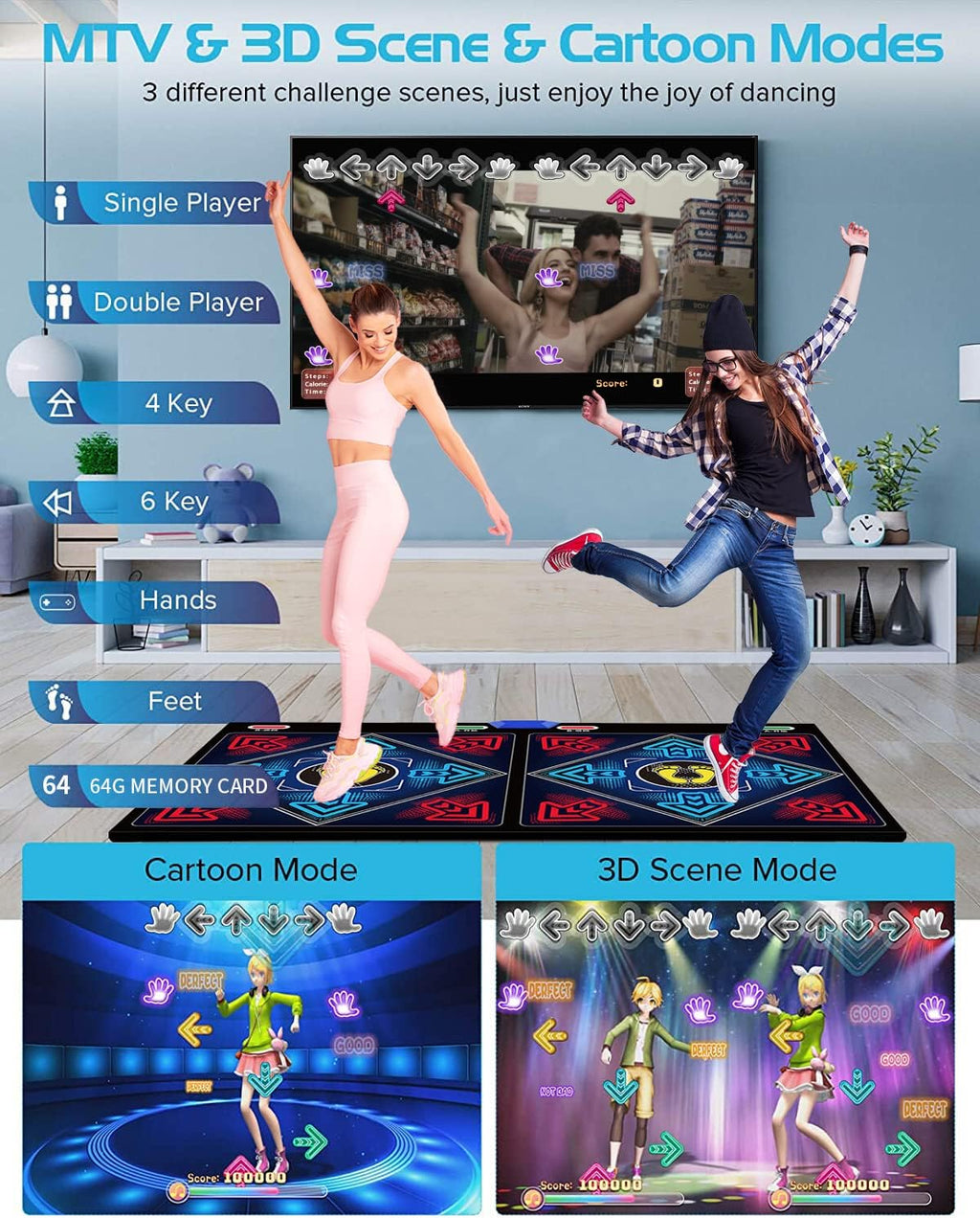 Music Dance Mat for Kids & Adults,Fitness Dance Game Mat for TV Use,64GB Memory Card, 899 Games, 650 Songs & 75 Music Videos,Premium Soft Flannel Material,Home Exercise Gift for Children