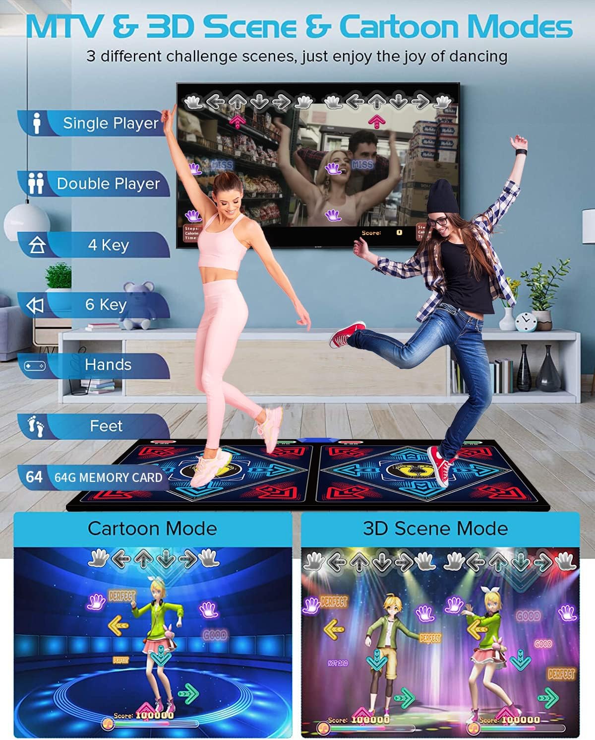 Music Dance Mat for Kids & Adults,Fitness Dance Game Mat for TV Use,64GB Memory Card, 899 Games, 650 Songs & 75 Music Videos,Premium Soft Flannel Material,Home Exercise Gift for Children