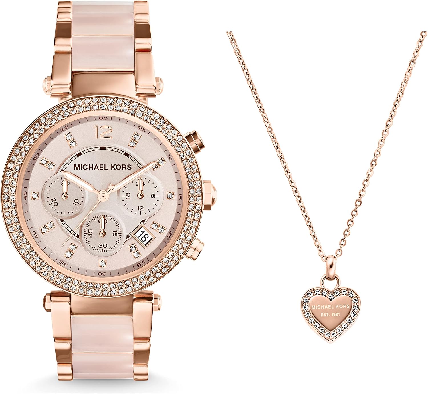 Michael Kors Parker Stainless Steel Watch with Glitz Accents Logo Gold-Tone and Crystal Pendant Necklace