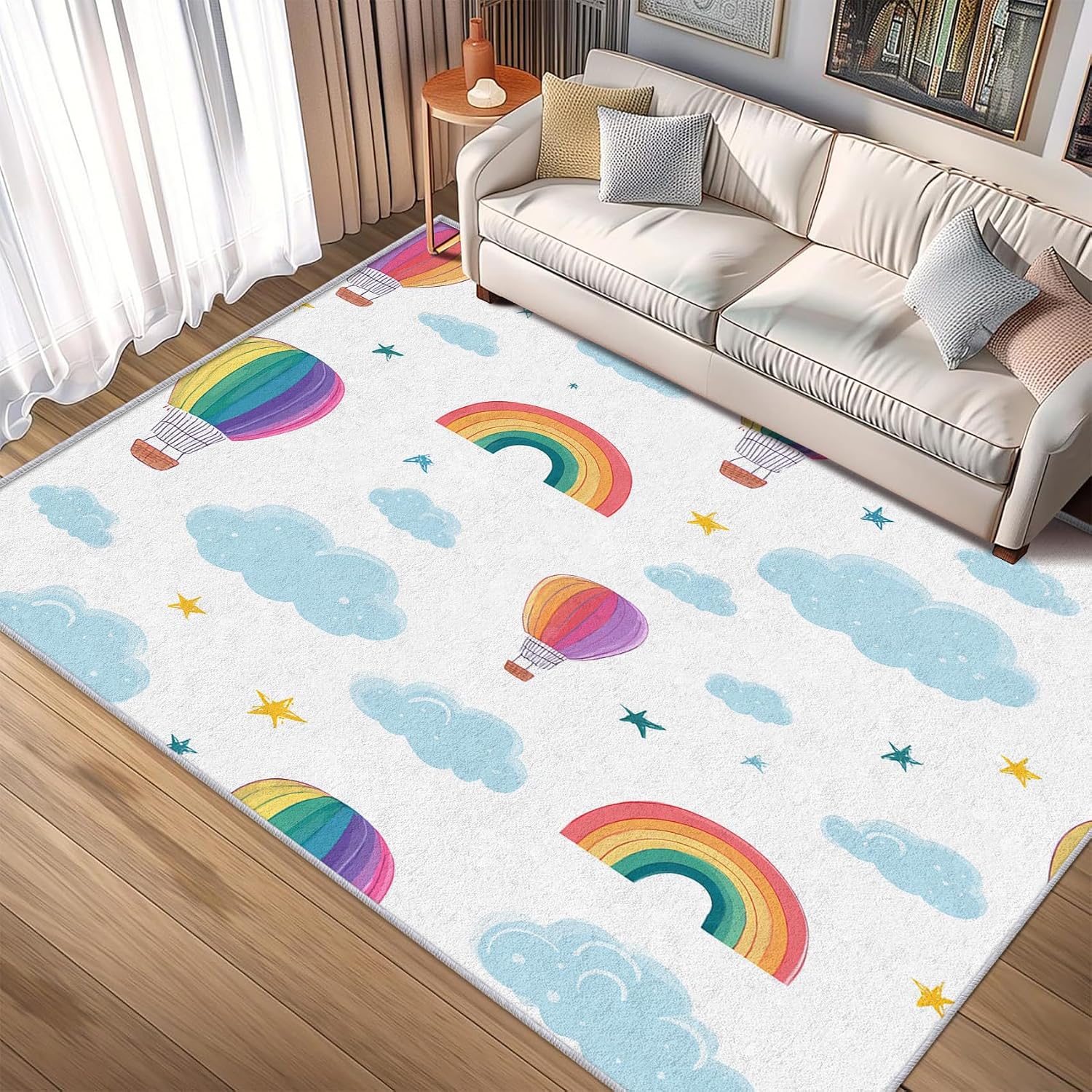 Hot Air Balloon Rug 8x12 for Bedroom, Rainbow Patterned Living Room Area Rug, Hot Air Balloon Kids Boys Girls Room Decor, Washable Soft Thin Carpet with Non Slip Backing, 8 x 12 ft - Lu11652