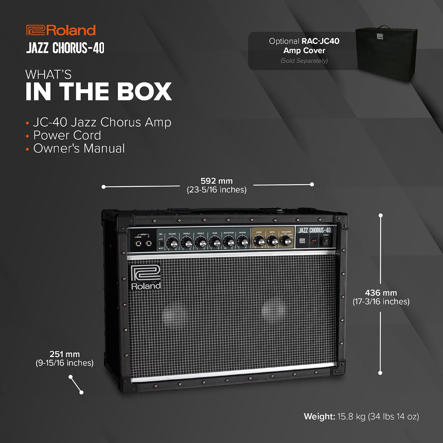 Roland JC-40 Jazz Chorus | Compact Guitar Amp | Iconic JC Clean Tone | Signature Dimensional Space Chorus Effect | Powerful 40-Watt Stereo Amp | Dual 10' Speakers | Enhances Pedals, Multi-FX & More