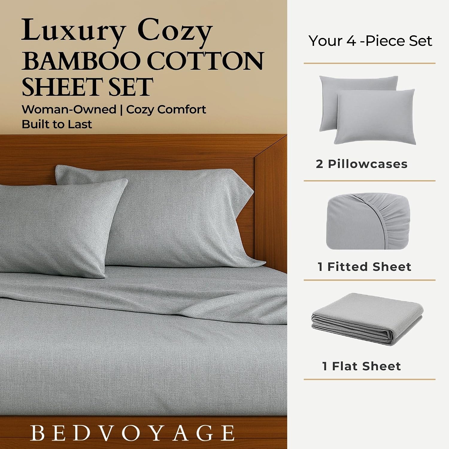 BedVoyage Cozy Sheets King – 50% Viscose from Bamboo and 50% Cotton Blend Sheet Set, Soft Breathable Bedding, 18' Deep Pocket, 4pc Set, Silver