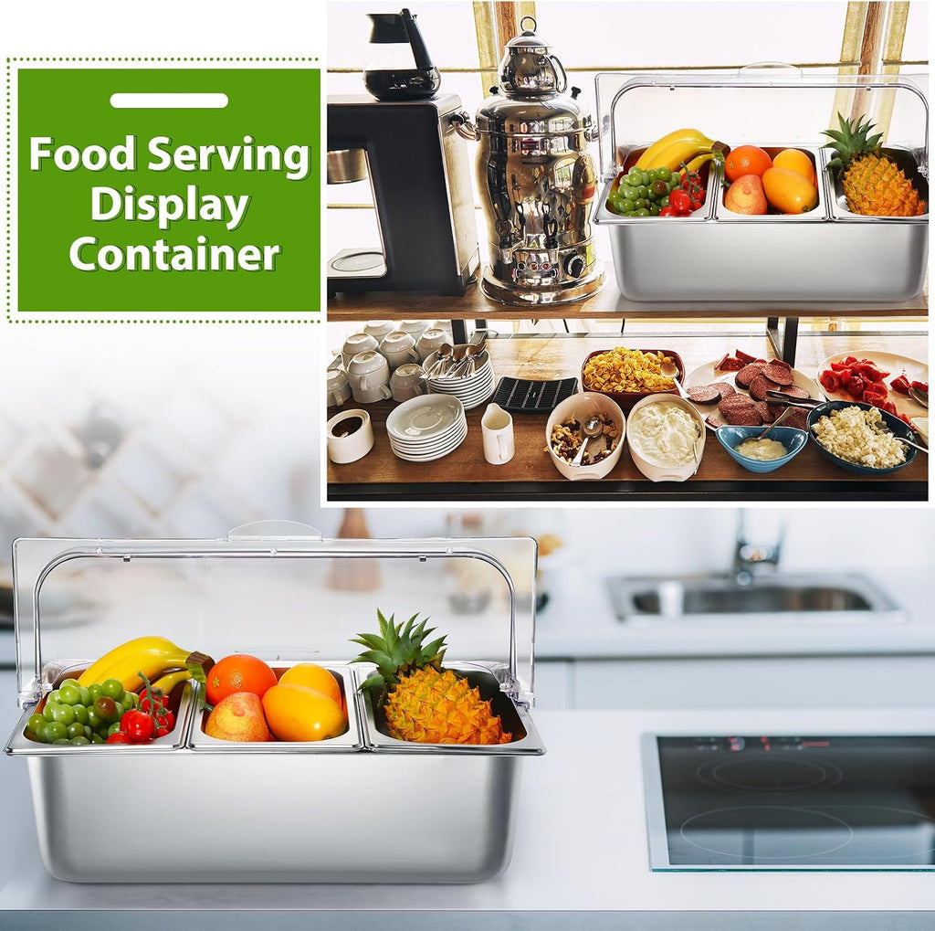 Ziliny 2 Pack Countertop Food Serving Display Container Stainless Steel Food Serving Tray Buffet Condiment Dispenser Display Rack with Clear Roll Top Cover for Buffet (3 Pan and 3 Pan)