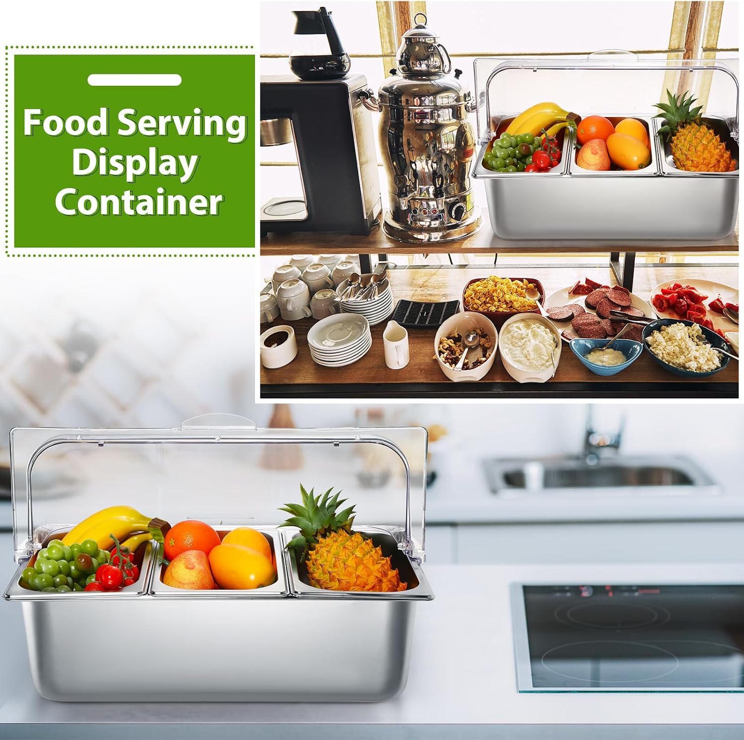 Ziliny 2 Pack Countertop Food Serving Display Container Stainless Steel Food Serving Tray Buffet Condiment Dispenser Display Rack with Clear Roll Top Cover for Buffet (3 Pan and 3 Pan)