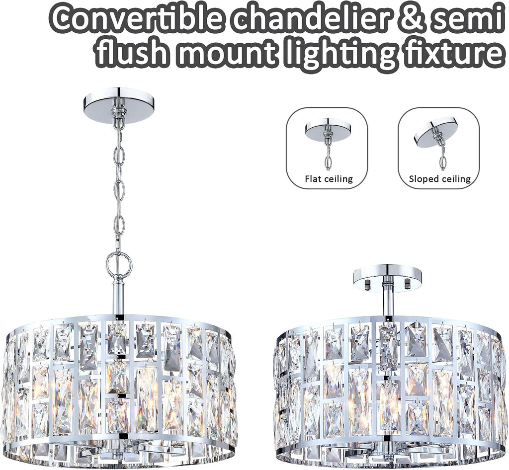 MEXO Farmhouse Crystal Convertible Chandelier and Semi Flush Mount Lighting Chrome Cylinder Drum Shade Pendant for Kitchen Island Dining Room Bedroom Hallway