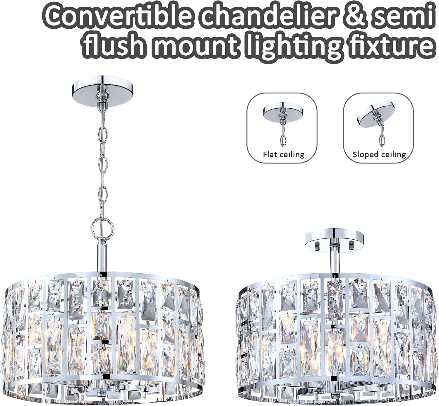 MEXO Farmhouse Crystal Convertible Chandelier and Semi Flush Mount Lighting Chrome Cylinder Drum Shade Pendant for Kitchen Island Dining Room Bedroom Hallway