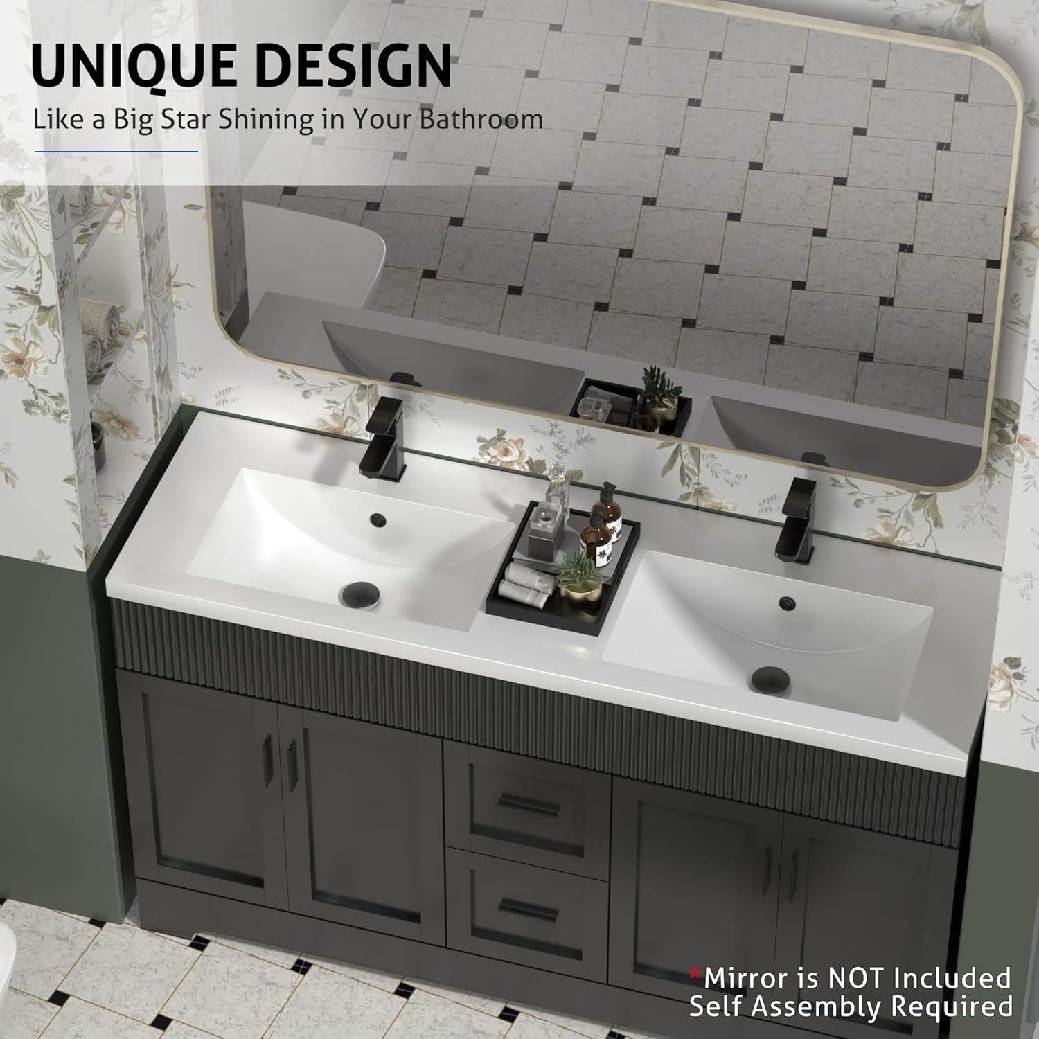 eclife 60' Bathroom Vanities Sink Combo with Painted Surface, Modern Drawered Cabinet W/Decorative Wave Lines, Undermount Double White Sink, Matte Black Faucet Drain, Black