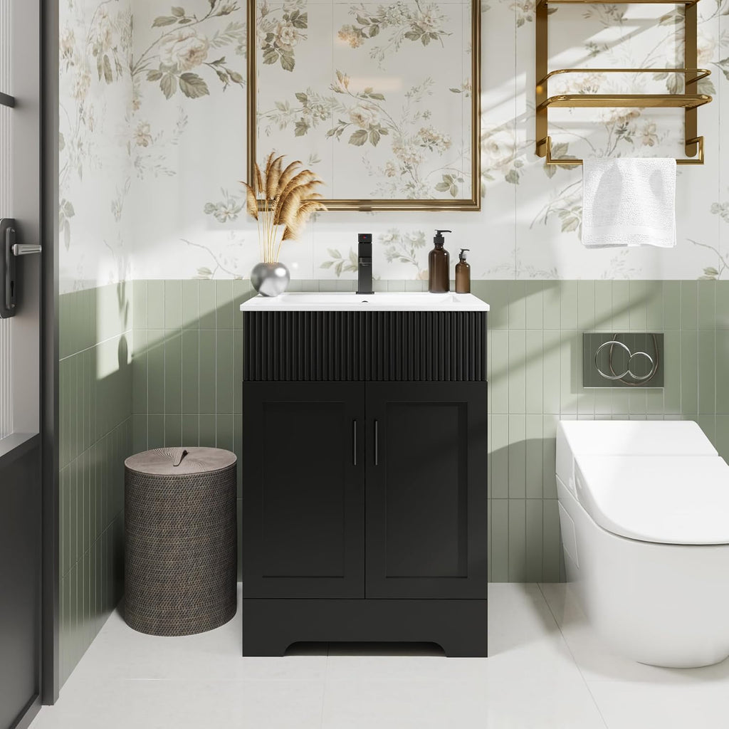 eclife 24' Bathroom Vanities Sink Combo with Painted Surface, Modern Drawered Cabinet W/Decorative Wave Lines, Undermount Single White Sink, Matte Black Faucet Drain, Black