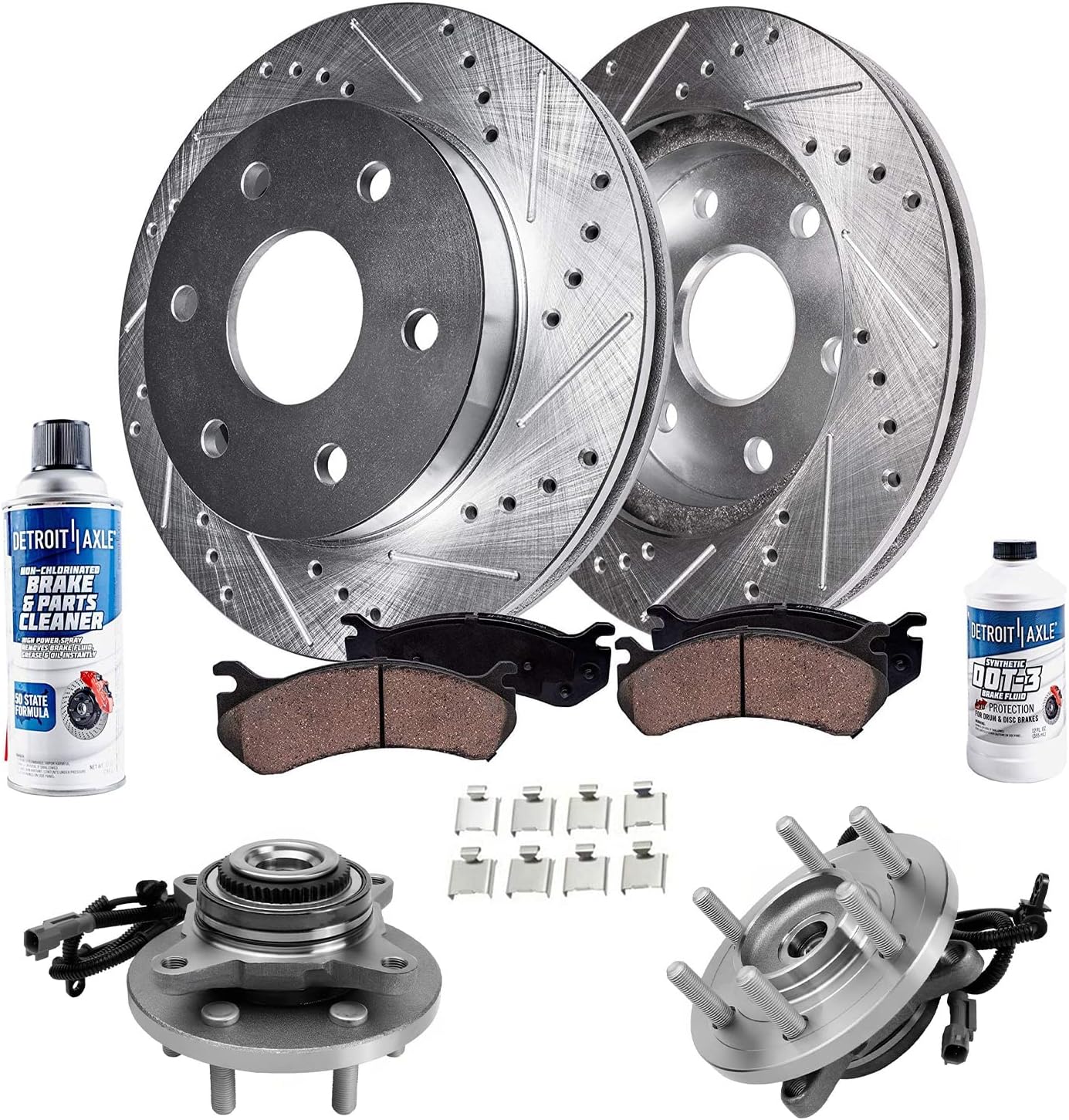 Detroit Axle - RWD Front Brake Kit for Ford 2018-2020 F-150 Drilled and Slotted Brake Rotors Ceramic Brake Pads Wheel Hub Bearings 2019 Replacement