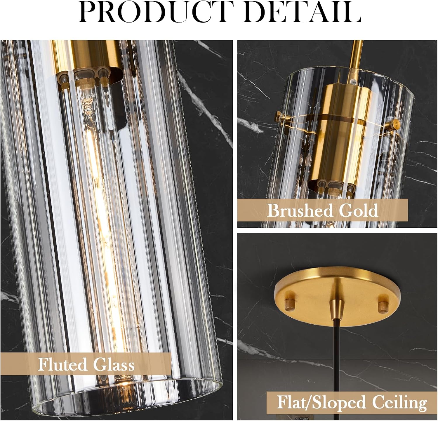 Gold Pendant Light Fixtures, 3 Pack Modern Pendant Lighting with Clear Striped Glass Shade, Hanging Pendant Lights Kitchen Island, Farmhouse Pendant Lighting for Dining Room Bedroom Bathroom