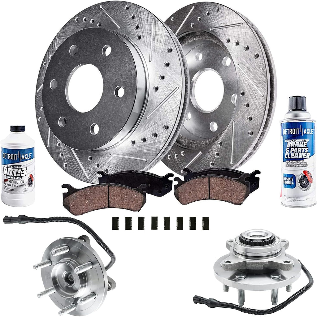 Detroit Axle - Front Brake Kit for 4WD 07-09 Ford Expedition Lincoln Navigator Drilled & Slotted Disc Brake Rotors Ceramic Brakes Pads 2007 2008 2009 Replacement Wheel Bearing Hubs