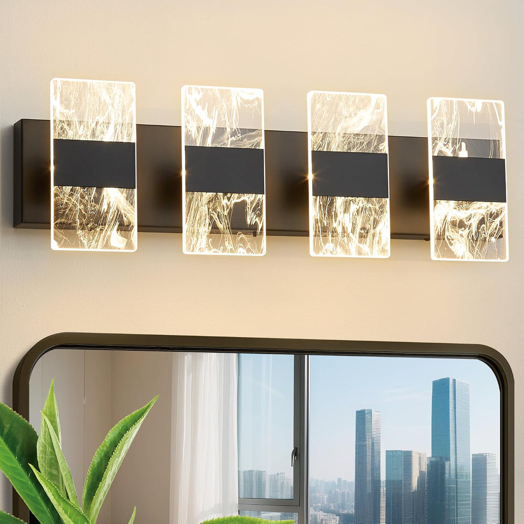 Modern LED Bathroom Light Fixtures Dimmable 4-Light Black Vanity Light, 5CCT Adjustable Lighting Fixture Vanity Lights Over Mirror, Smoked Acrylic LED Vanity Lights for Bathroom