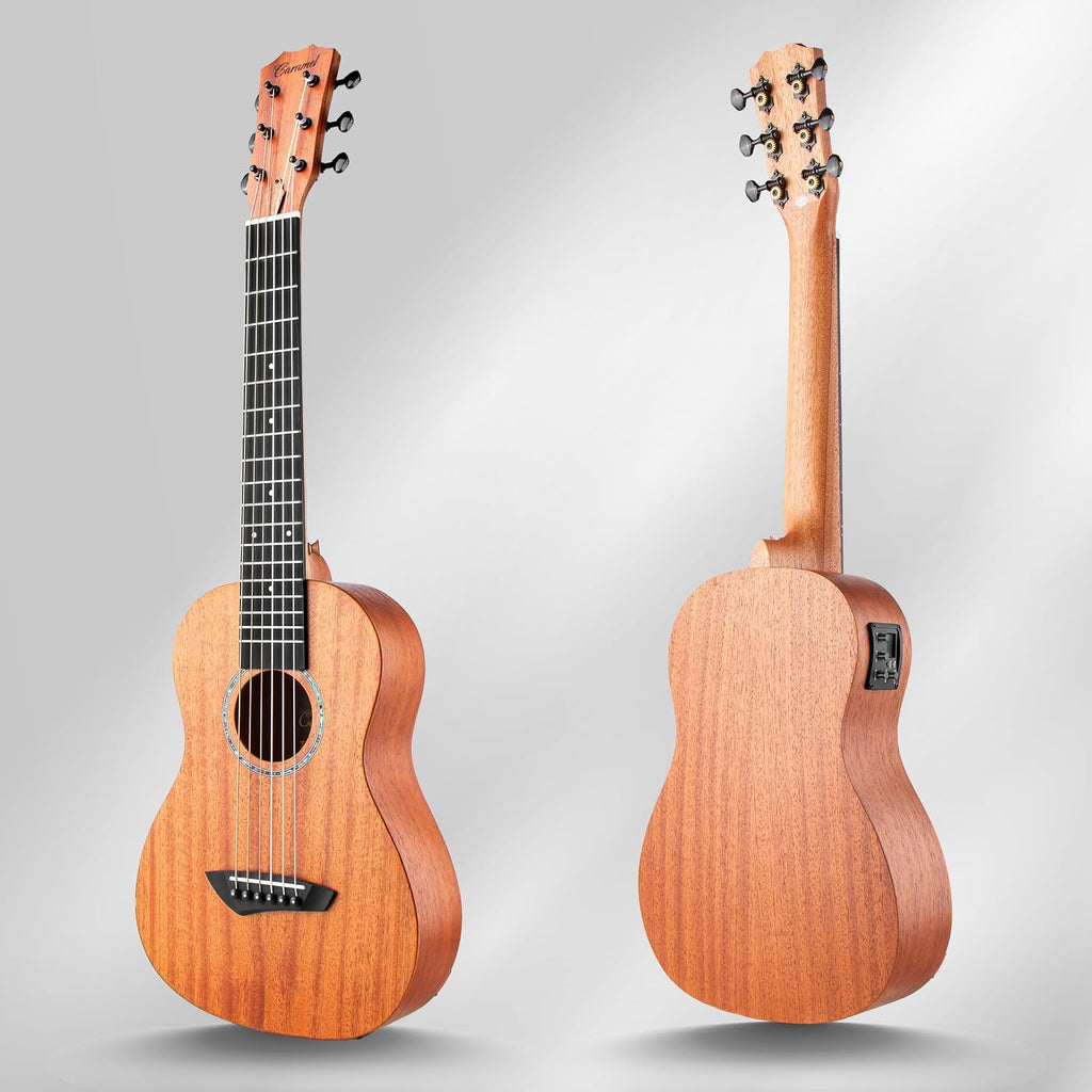 Caramel 30 inch All Solid Mahogany 6 String Ukulele Guitalele Wooden LCD color display Electric Guitalele Kit Small Hawaiian Beginner Guitar Starter Pack Bundle Gig bag, Strap,Strings Set