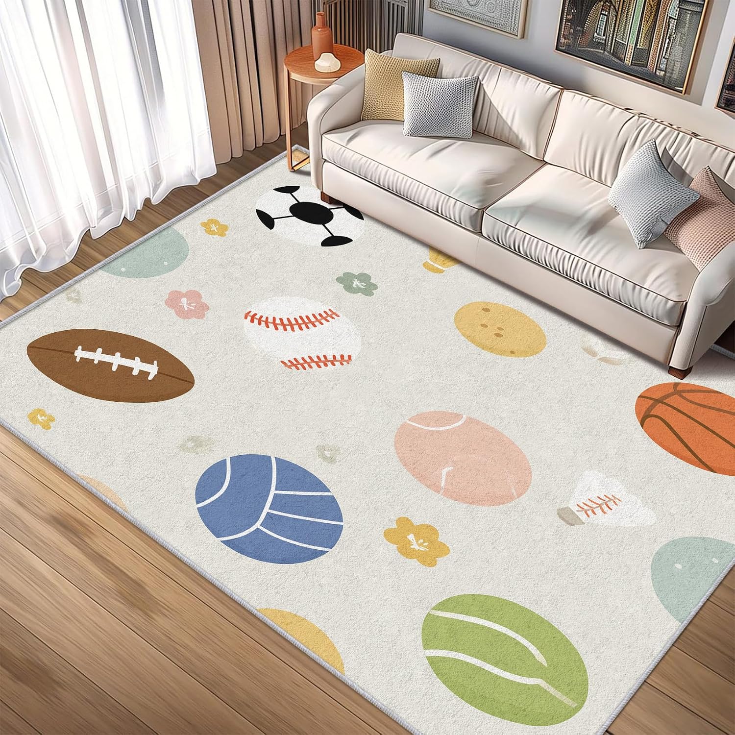 Sport Rug 8x12 for Bedroom, Basketball Soccer Baseball Patterned Living Room Area Rug, Sport Kids Boys Girls Room Decor, Washable Soft Thin Carpet with Non Slip Backing, 8 x 12 ft - Lu11498