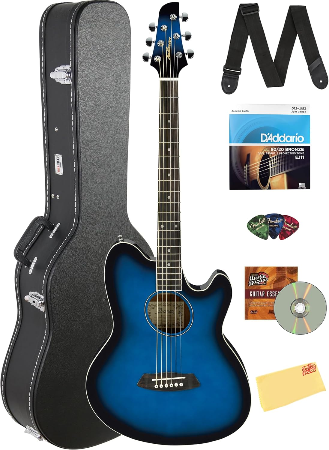 Ibanez TCY10E Talman Acoustic-Electric Guitar - Transparent Blue Sunburst Bundle with Case, Strap, D'Addario Strings, Picks, Austin Bazaar Instructional DVD, and Polishing Cloth