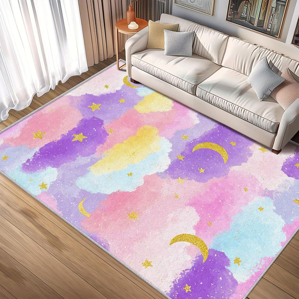 Rainbow Cloud Rug 8x12 for Bedroom, Moon Star Patterned Living Room Area Rug, Rainbow Cloud Kids Boys Girls Room Decor, Washable Soft Thin Carpet with Non Slip Backing, 8 x 12 ft - Lu11708