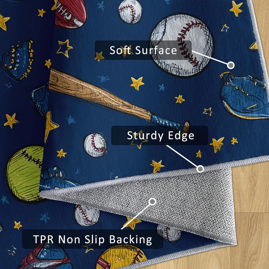 Sports Ball Rug 8x12 for Bedroom, Soccer Basketball Patterned Living Room Area Rug, Sports Ball Kids Boys Girls Room Decor, Washable Soft Thin Carpet with Non Slip Backing, 8 x 12 ft - Lu11428