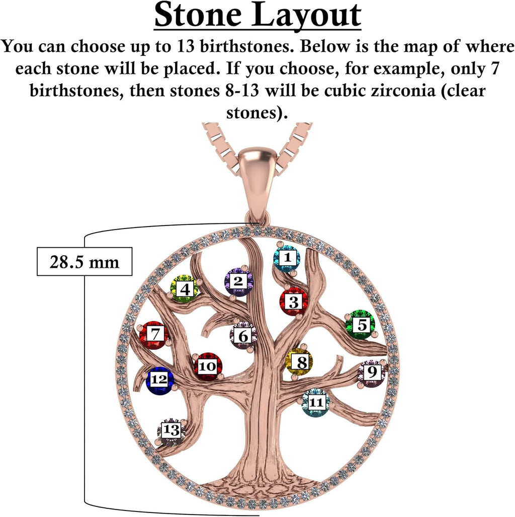 Central Diamond Center Tree of Life Mothers Birthstone Necklace in Silver-10K or 14K Gold. Up to 12stones