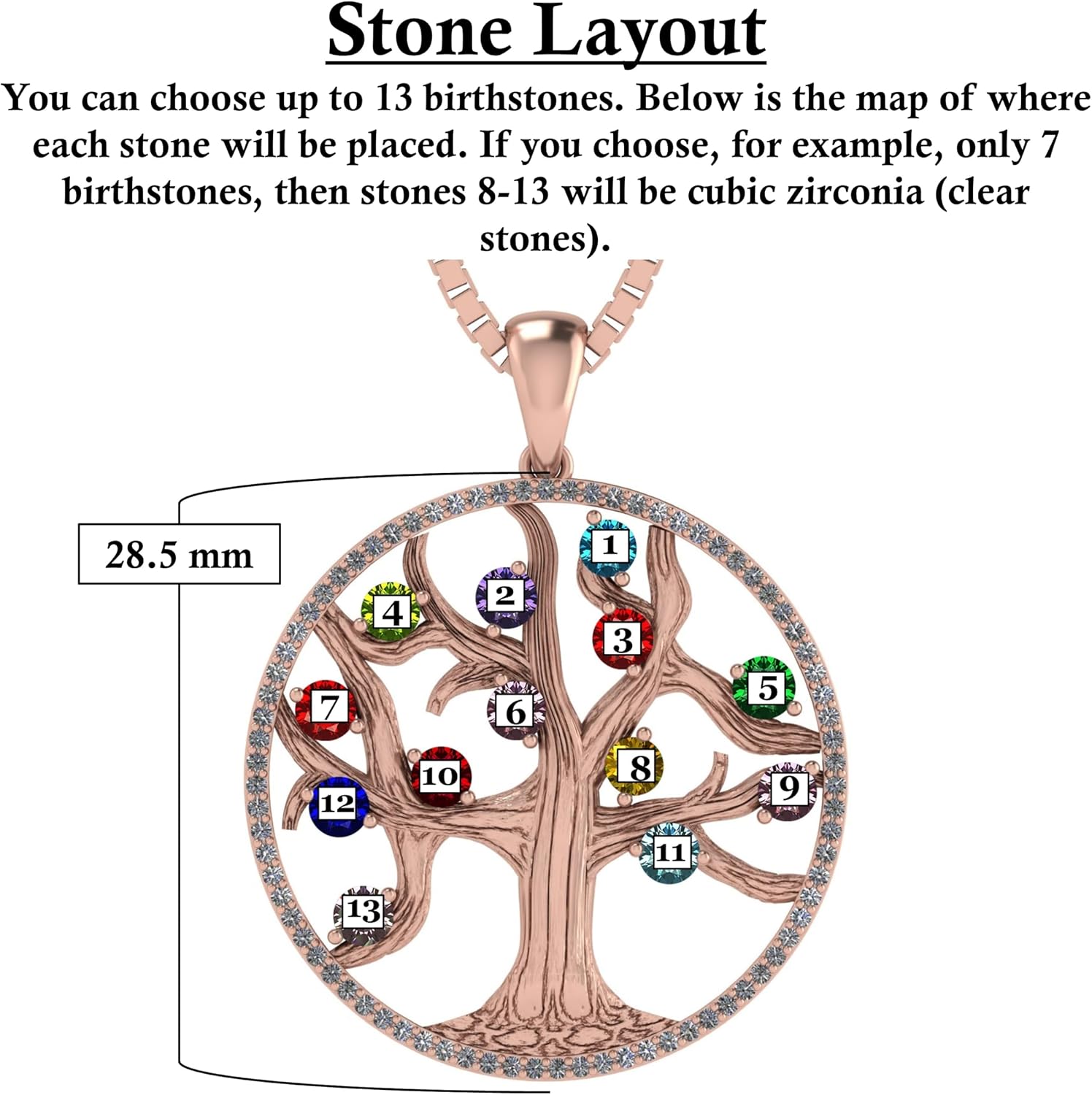 Central Diamond Center Tree of Life Mothers Birthstone Necklace in Silver-10K or 14K Gold. Up to 12stones