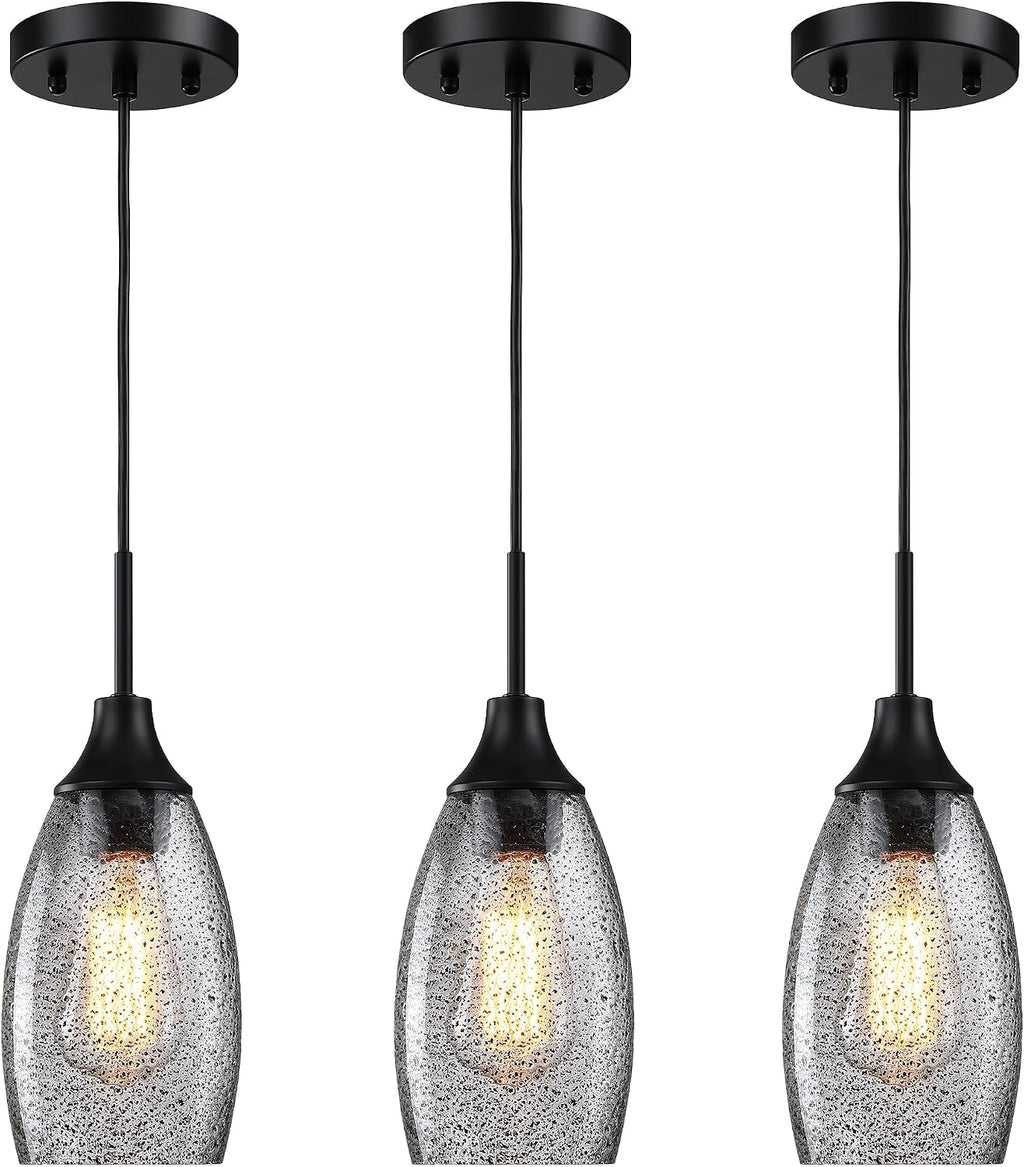 Viinew Mini Glass Pendant Light,4.72' Black Glass Hanging Light 3-Pack Handblown Clear Black Seeded Shade Adjustable Cord Ceiling Light Fixture for Kitchen Island Sink